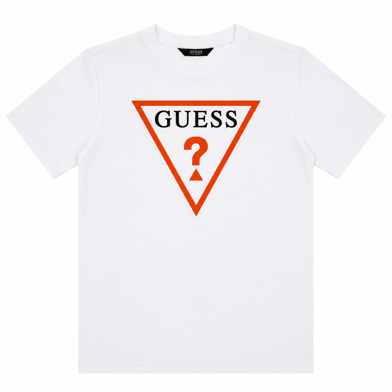 pOLERA GUESS CLASICA BLANCA Polera Blanca Con Logo Triangulo Naranjo Intenso Y Letras Negras - Imagen 1