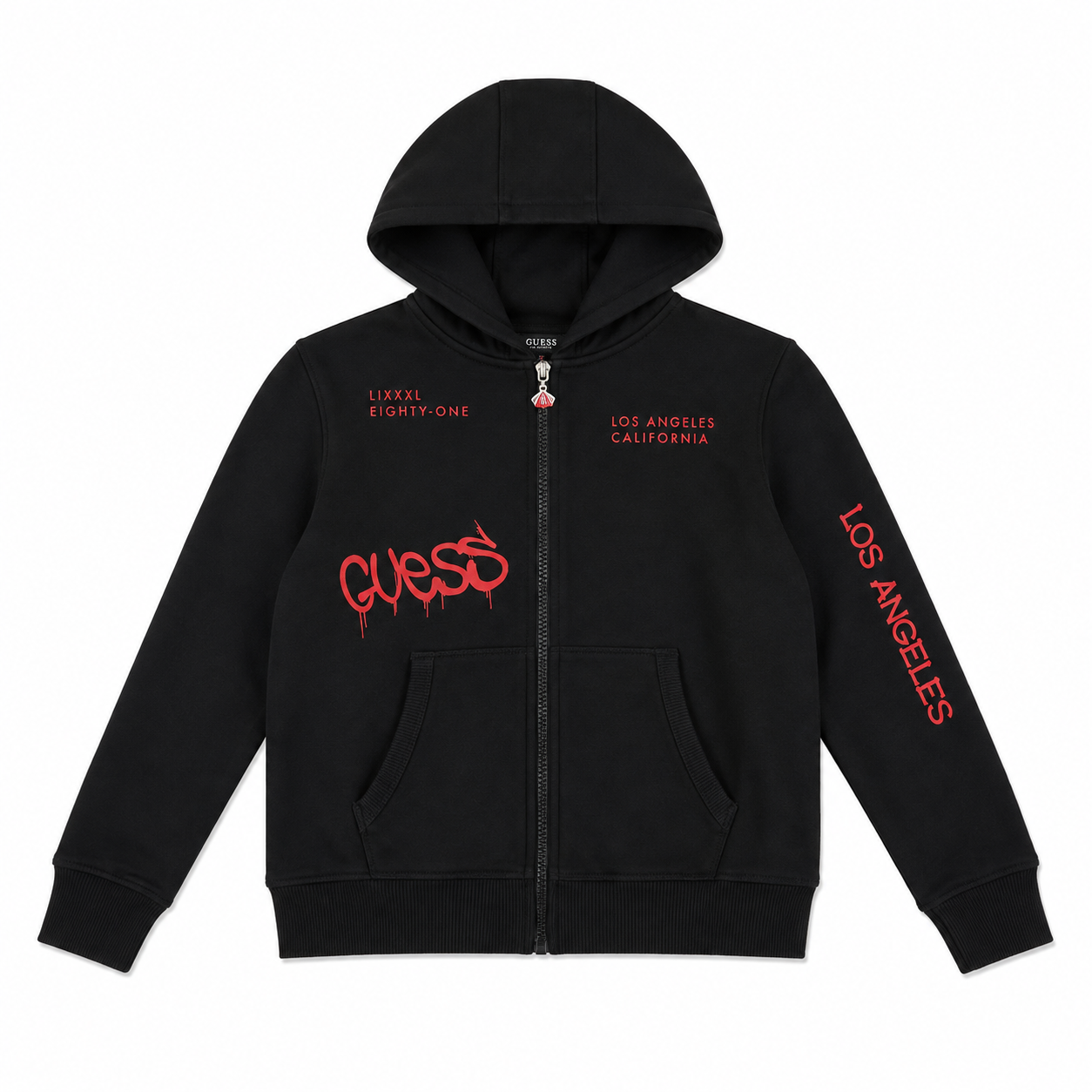 poleron guess negro con cierre logo rojo Poleron Negro Con Cierre Y Multilogos En Rojo - Imagen 1