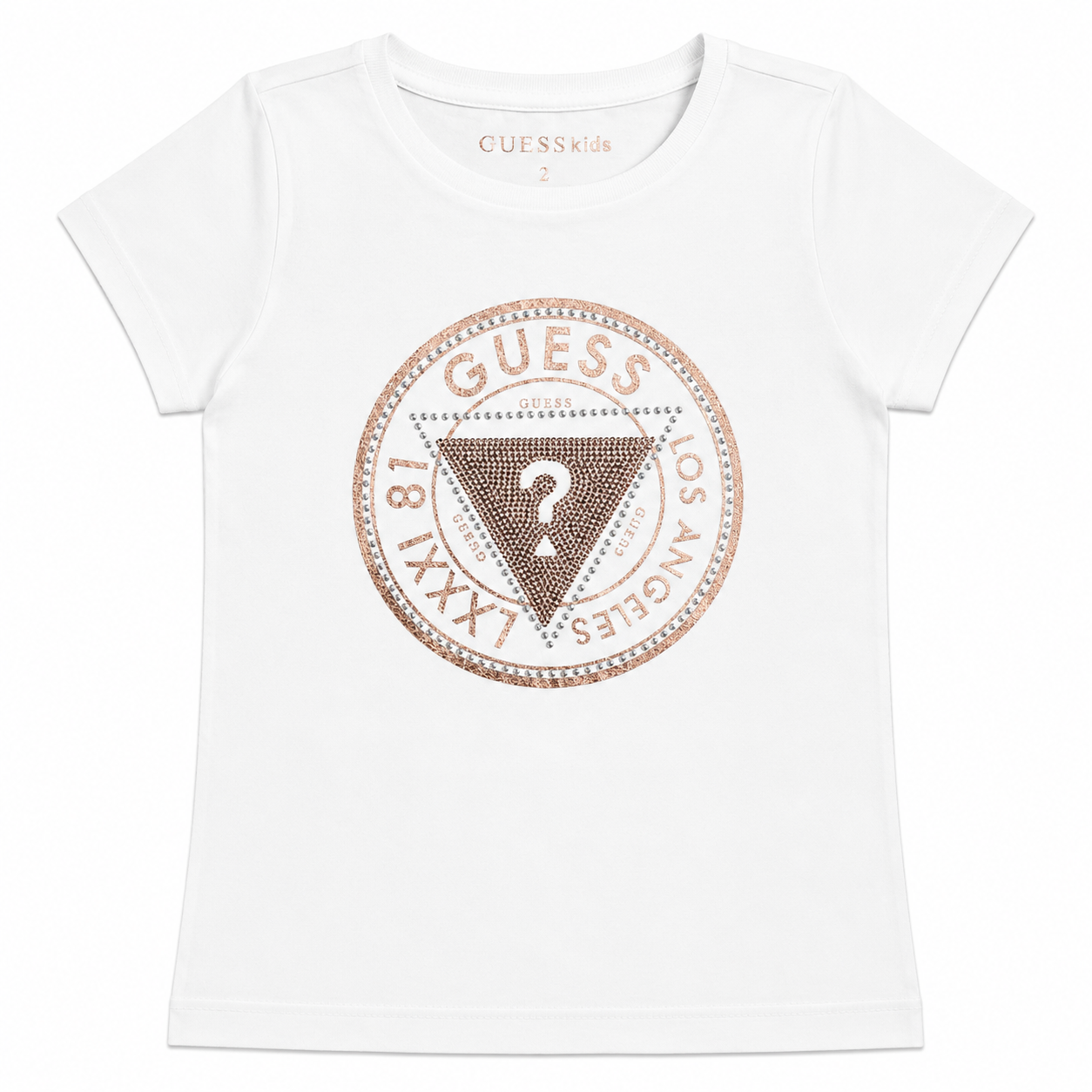 Polera Guess Logo Rosado Metalico Polera Blanca Con Logo Frontal Rosado Metálico - Imagen 1