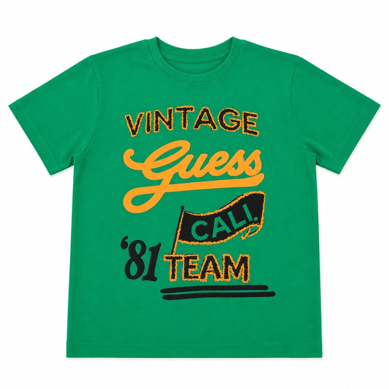 Polera Guess vintage Polera Verde Vintage Con Logo En Naranja Y Detalles Azules - Imagen 1