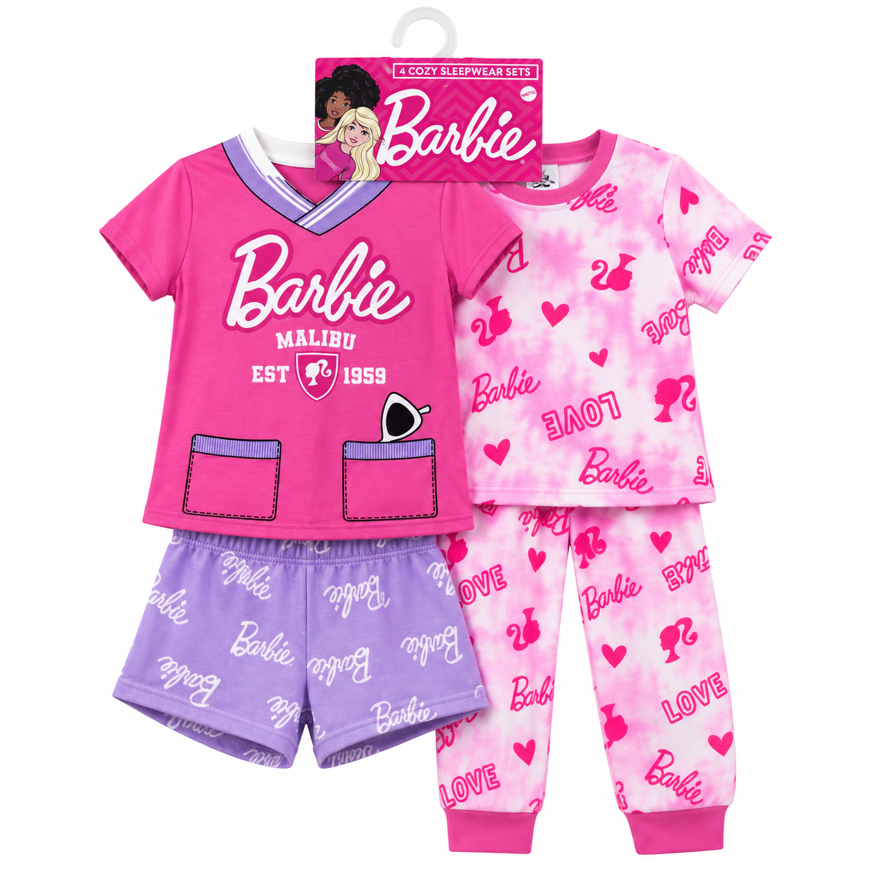 SET PIJAMA Set De Pijama Barbie De 4 Piezas Rosada Y Morado - Imagen 1